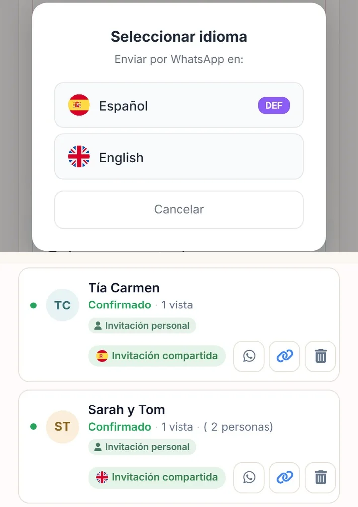El editor pregunta en qué idioma se envía la invitación de boda por WhatsApp, y en la lista cada invitado lleva la bandera del suyo: la tía Carmen en español y Sarah y Tom en inglés