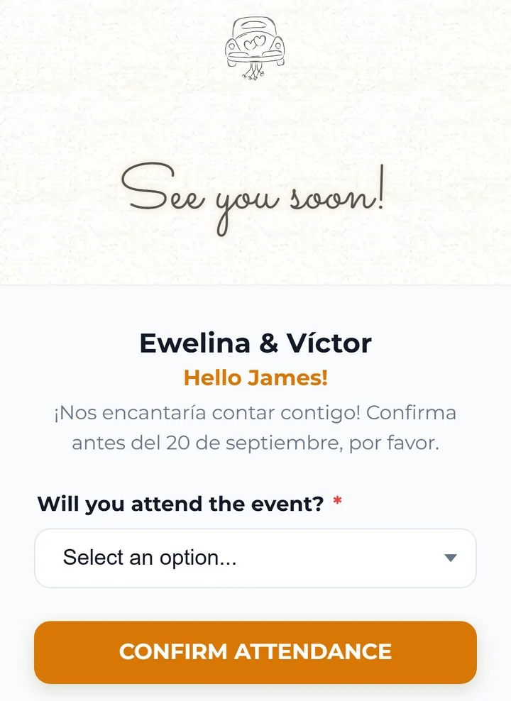 El formulario de la invitación de boda en inglés de James, con el saludo, la pregunta y el botón en inglés y el mensaje de la pareja en español