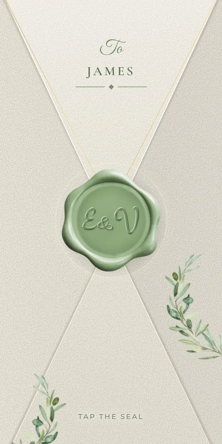 El sobre de una invitación de boda bilingüe en inglés, con el nombre del invitado, James, y el sello de cera que la abre