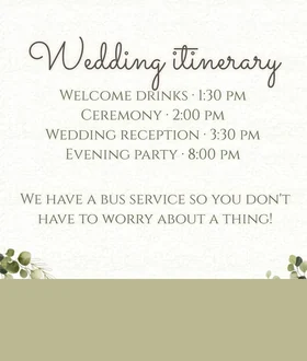 El itinerario de la boda en la invitación en inglés, con cada momento y su hora