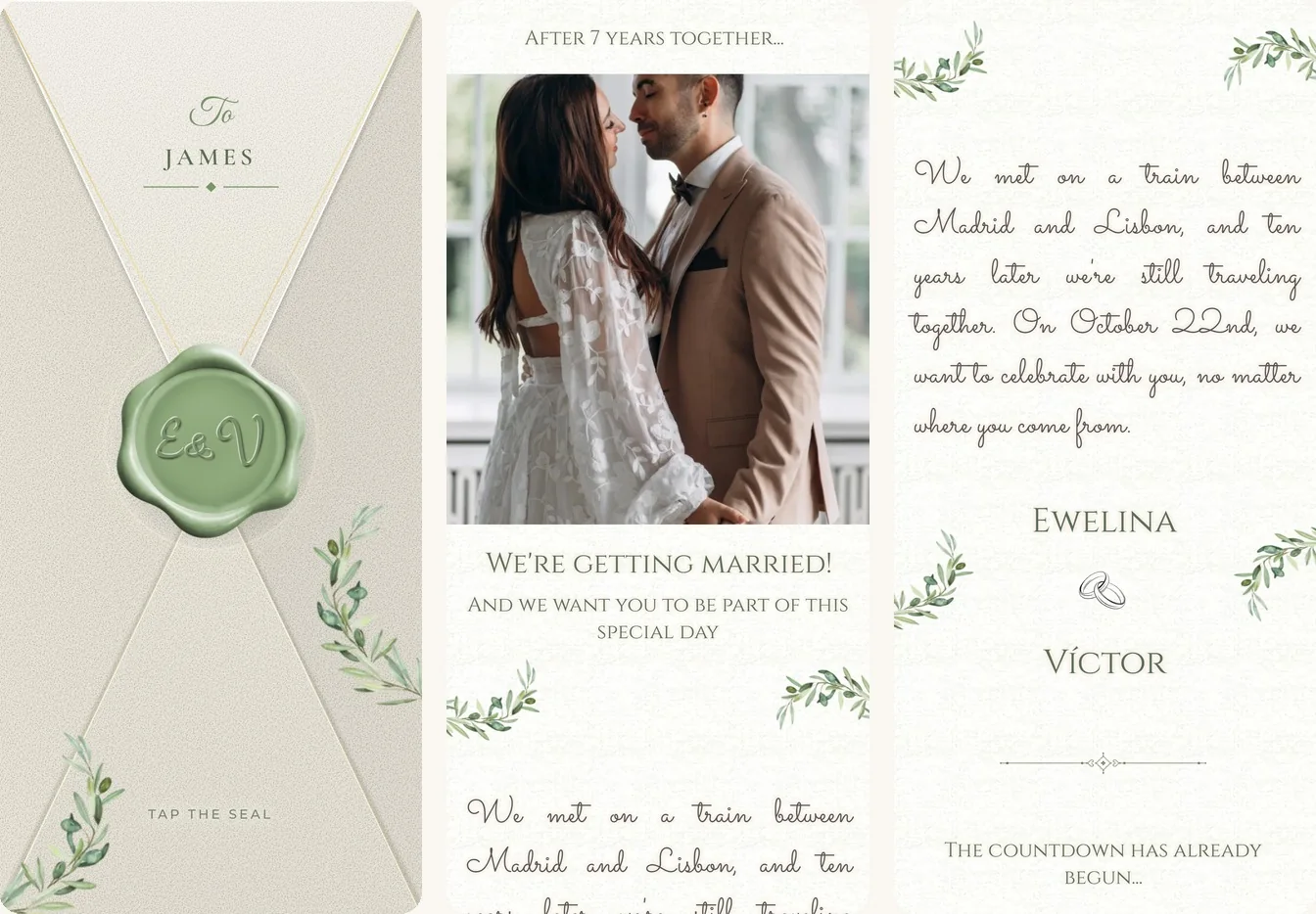 La invitación de boda en inglés en el móvil del invitado: el sobre con su nombre, la portada con la foto y el texto de la pareja traducido