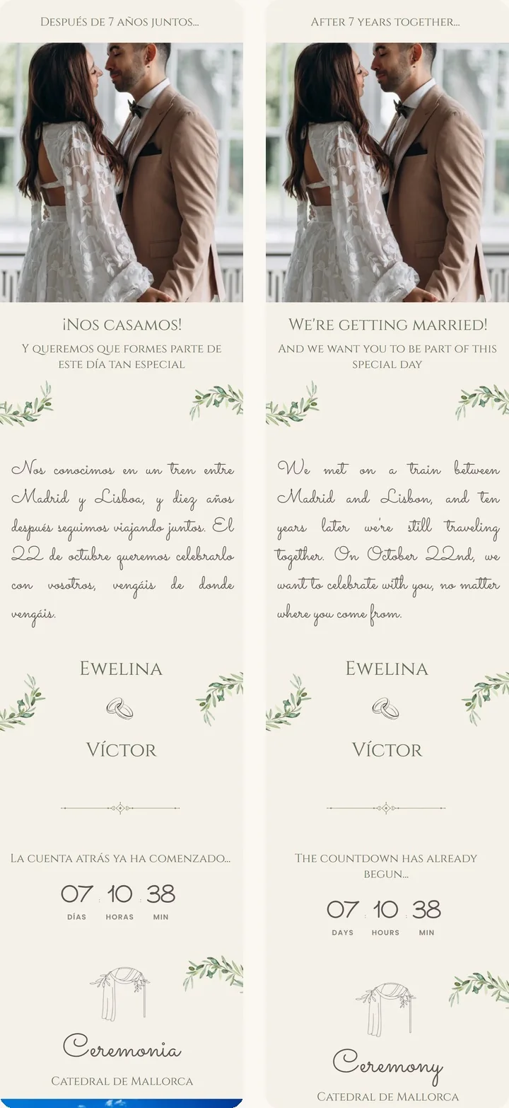 La misma invitación de boda en español y en inglés, una al lado de otra: la portada con la foto, el anuncio, el texto de la pareja y el título de la ceremonia en cada idioma