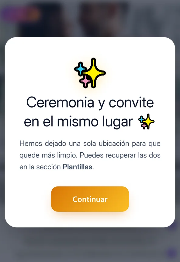 Aviso del editor de la invitación de boda: ceremonia y convite en el mismo lugar, hemos dejado una sola ubicación