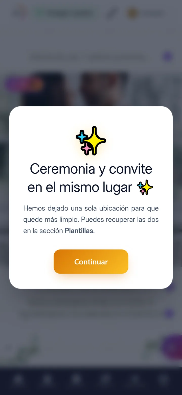 El editor de la invitación de boda en el móvil con el aviso de ceremonia y convite en el mismo lugar