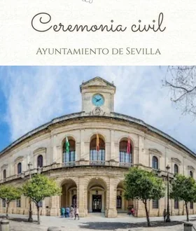 La ceremonia civil en la invitación de boda, con el título cambiado por la pareja y la foto del Ayuntamiento de Sevilla