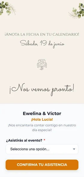 El final de la invitación de boda civil: la fecha para apuntar en el calendario y el formulario de confirmación, que saluda a la invitada por su nombre