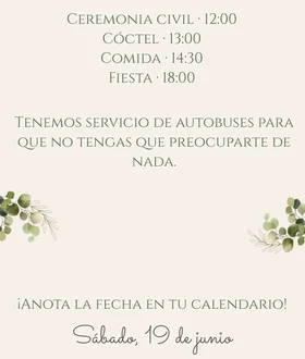 El itinerario de una boda civil en lista, ceremonia civil a las 12:00, cóctel, comida y fiesta, y el aviso del autobús