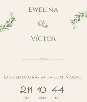 Los nombres de la pareja en la invitación de boda civil y la cuenta atrás con los días, las horas y los minutos que faltan