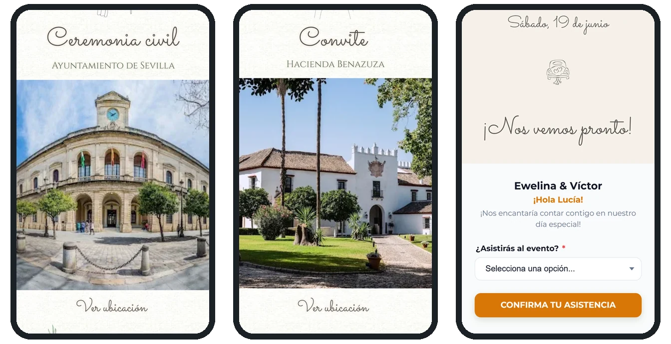 Tres pantallas de una invitación de boda civil en el móvil: la ceremonia civil en el Ayuntamiento de Sevilla, el convite en la Hacienda Benazuza y el formulario de confirmación