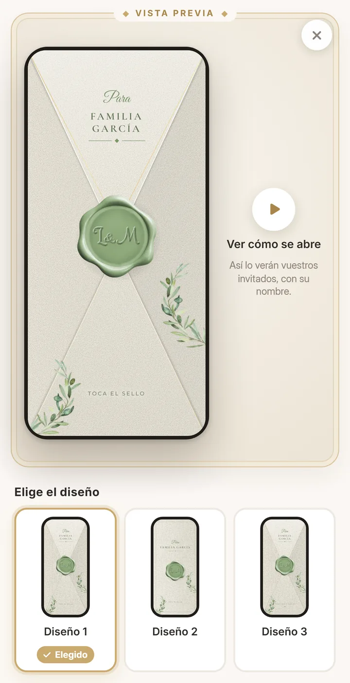 La ventana del editor donde se elige cómo se abre el sobre de la invitación de boda, con la vista previa del sobre y los tres diseños