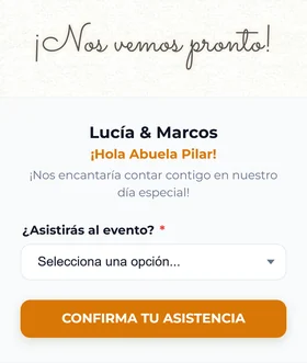 La confirmación de asistencia de la invitación de boda, que saluda a la invitada por su nombre