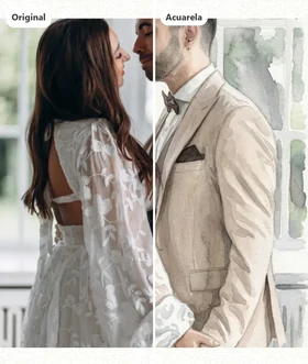 La foto de una pareja en la portada de la invitación de boda, a la izquierda tal cual y a la derecha pasada a acuarela con IA