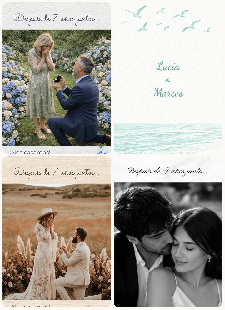 Cuatro invitaciones de boda originales por dentro: Flora con su foto entre hortensias azules, Azur con el mar y sus gaviotas, Boho con flores secas y Elegance en blanco y negro