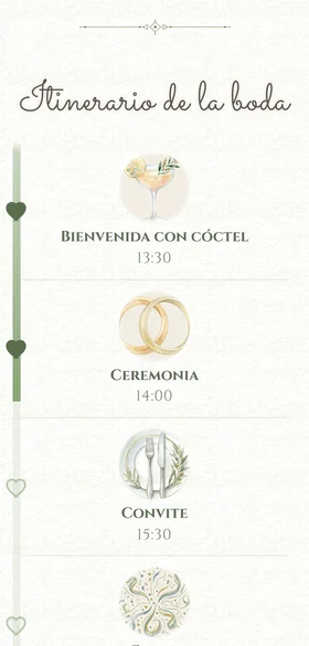 El itinerario de la boda en la invitación, con un dibujo hecho con IA para cada momento, su hora y un corazón que se enciende al bajar hasta cada momento