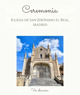 La ceremonia en la invitación de boda, con el nombre de la iglesia que escribió la pareja, la foto que trajo el editor y el botón Ver ubicación