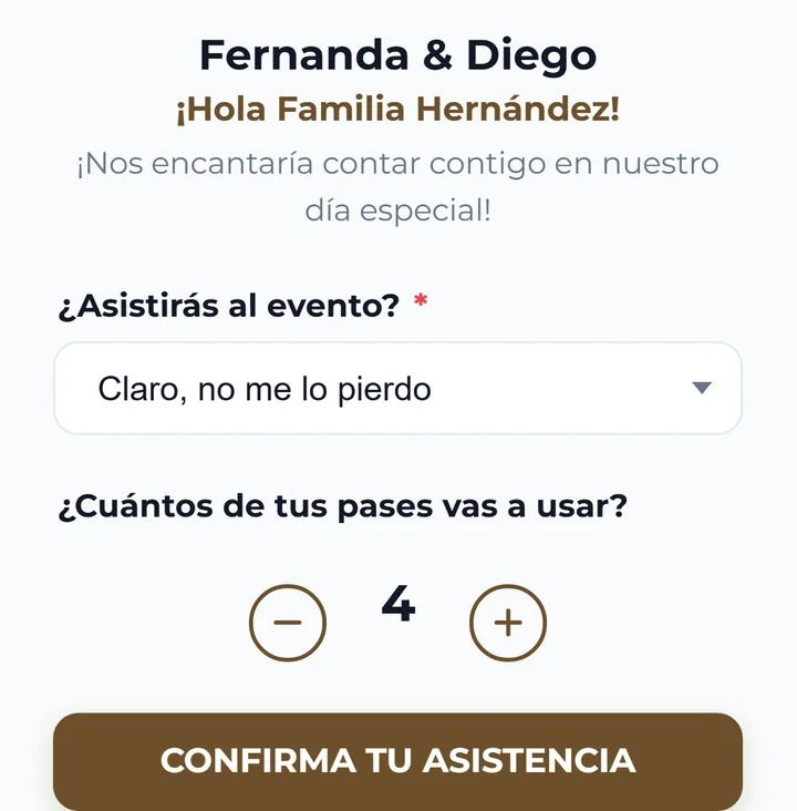 La pregunta ¿Cuántos de tus pases vas a usar? en el formulario de la familia Hernández, con el contador en cuatro, que es su máximo, y encima la respuesta Claro, no me lo pierdo