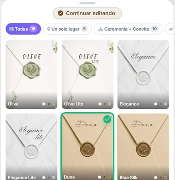 La pestaña Plantilla en el celular, con los filtros Todas, Un solo lugar y Ceremonia más Convite, y los sobres de cada diseño con Duna marcada