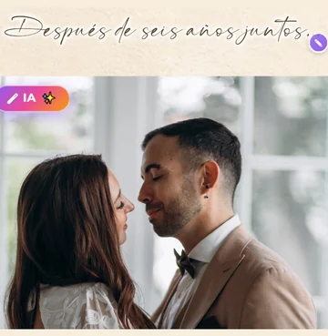 La portada en el celular con la frase Después de seis años juntos, la foto de los novios y el botón IA