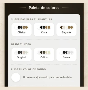 La paleta de colores en el celular, con tres paletas para el diseño, tres sacadas de la foto y el color de fondo, y la nota El texto se ajusta solo para que se lea bien
