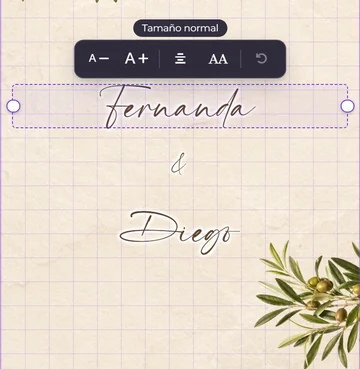 El modo experto en el celular, con el nombre de Fernanda seleccionado y los botones para hacerlo más chico o más grande, alinearlo y cambiarle la letra