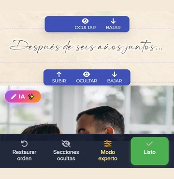 Las secciones de la invitación en el celular con sus botones Subir, Ocultar y Bajar, y abajo Restaurar orden, Secciones ocultas y Modo experto