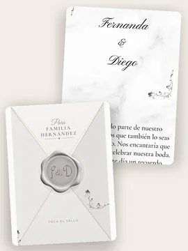 La plantilla Elegance con los nombres de Fernanda y Diego en caligrafía negra sobre mármol blanco, y delante su sobre con el lacre plateado