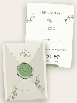 La plantilla Olive con los nombres Fernanda y Diego en mayúsculas entre ramas de olivo y, delante, su sobre para la familia Hernández con el lacre verde