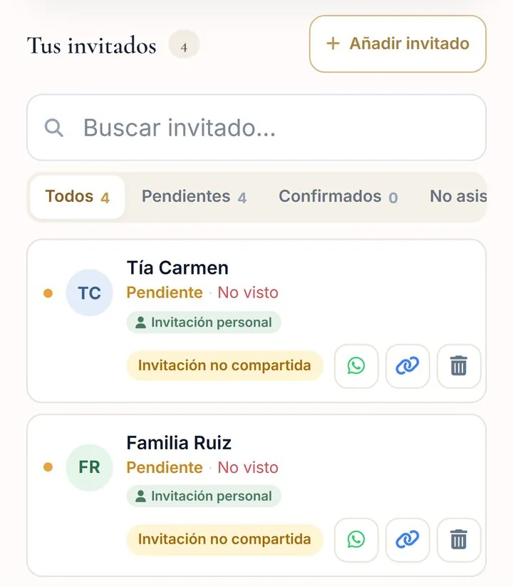 Lista de invitados en el editor, con el botón de WhatsApp de cada invitado para enviarle su invitación de boda