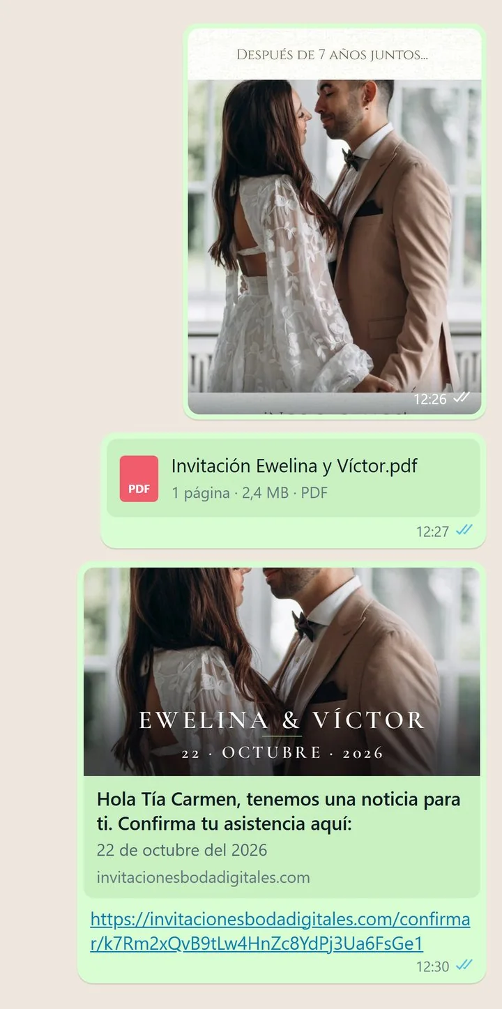 Una imagen, un PDF y un enlace de invitación de boda enviados por WhatsApp, vistos en el mismo chat