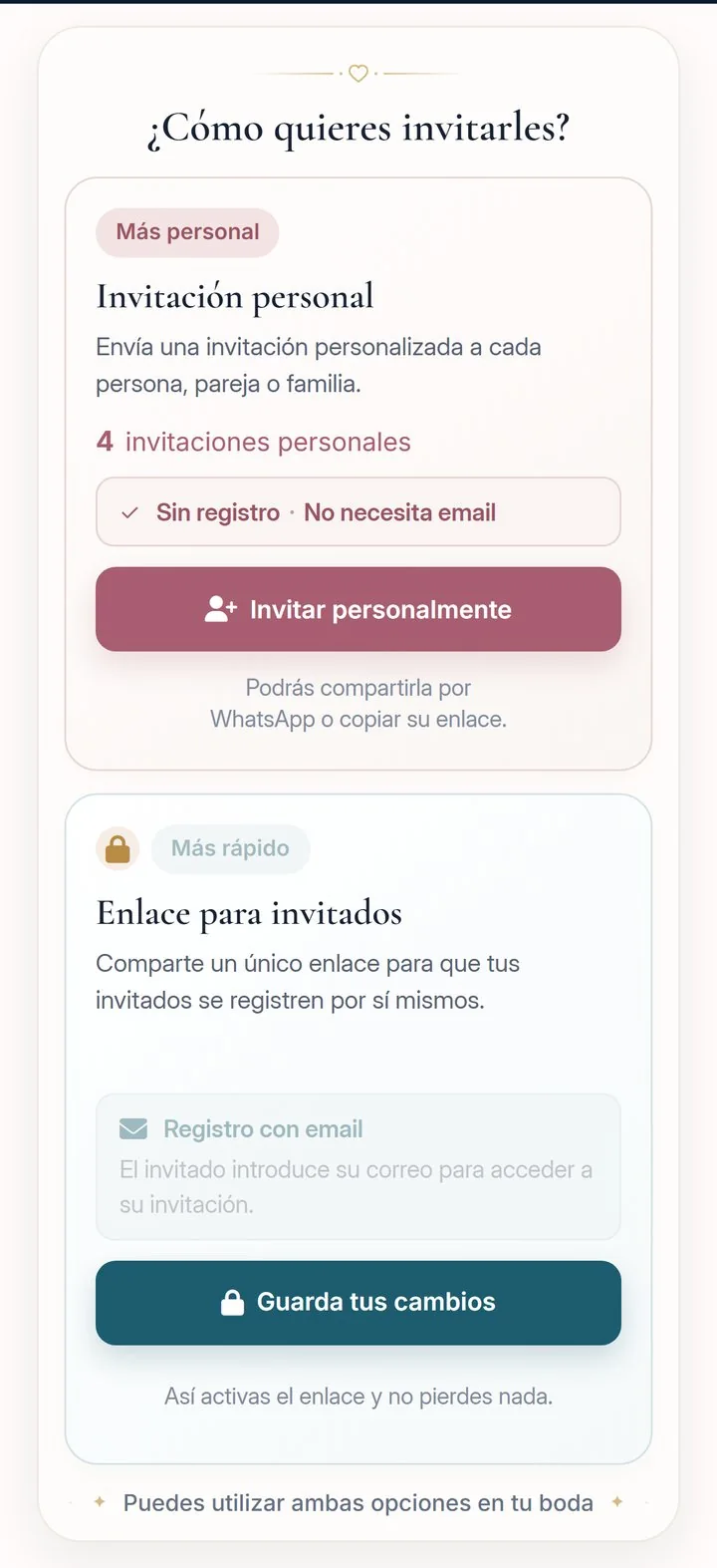 Pantalla del editor con las dos formas de invitar: la invitación personal, con un enlace para cada invitado, y el enlace para todos los invitados