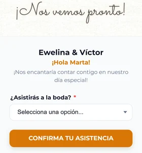 La confirmación de asistencia de la invitación de boda digital, que saluda al invitado por su nombre