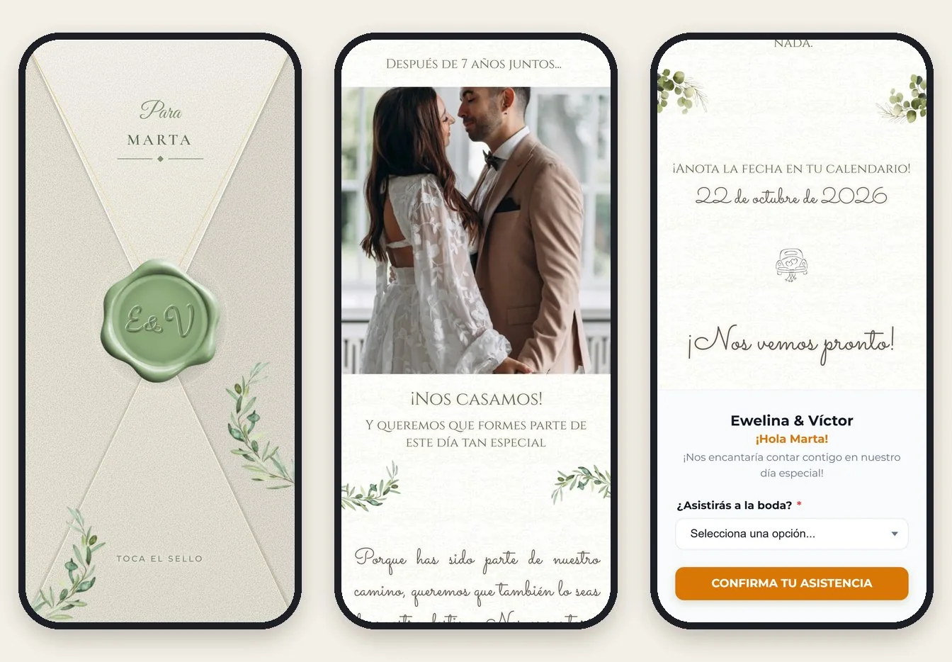 Lo que ve el invitado al abrir una invitación de boda digital en el móvil: el sobre con su nombre, la portada con la foto y la confirmación de asistencia