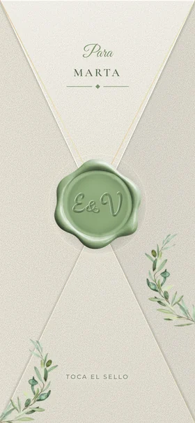 El sobre de la invitación de boda digital, con el nombre del invitado y el sello que lo abre