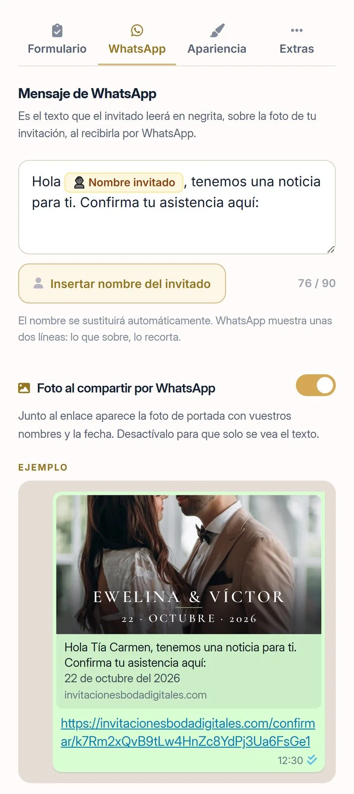 Ajustes de WhatsApp en el editor de la invitación de boda: el mensaje con el nombre del invitado y el ejemplo de cómo queda la tarjeta en el chat