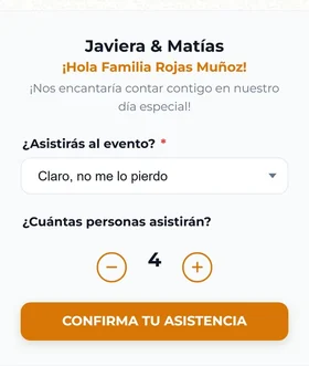 El formulario de la invitación que saluda a la familia Rojas Muñoz, con la respuesta Claro, no me lo pierdo y cuatro personas