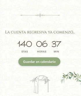 La cuenta regresiva de la invitación con los días, las horas y los minutos que faltan, y el botón Guardar en calendario