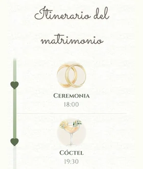 El itinerario del matrimonio convertido en imagen, con los anillos dibujados para la ceremonia a las 18:00, una copa para el cóctel a las 19:30 y la línea del corazón al lado