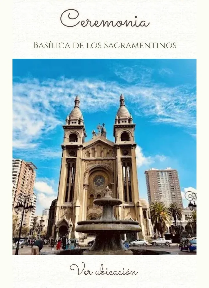 Invitación digital de matrimonio en el celular, con la ceremonia en la Basílica de los Sacramentinos, su foto y el botón Ver ubicación