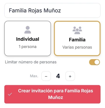 El alta de un invitado en el celular, Familia Rojas Muñoz, para varias personas, con Limitar número de personas encendido y el máximo en cuatro