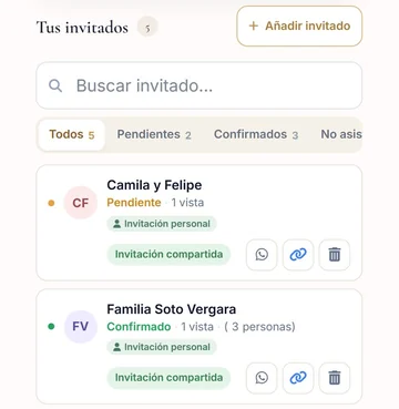 La lista de invitados en el celular, cada uno con su estado y su botón para mandarle el enlace