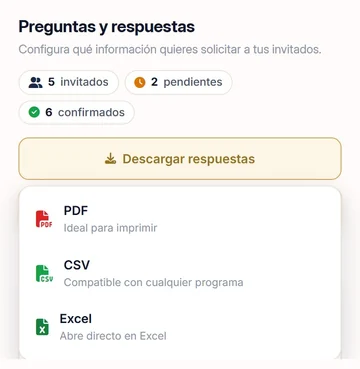 Las respuestas en el celular, con cinco invitados, dos pendientes y seis personas confirmadas, y la descarga en PDF, CSV y Excel