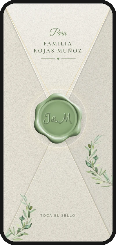 El sobre de la invitación digital de matrimonio con el nombre de la familia Rojas Muñoz y las iniciales de los novios en el lacre