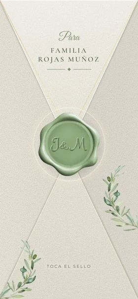 El sobre de la invitación con el nombre de la familia Rojas Muñoz y las iniciales de los novios en el lacre verde