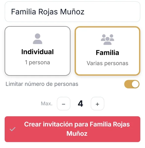 El alta de la familia Rojas Muñoz para varias personas, con Limitar número de personas encendido y el máximo en cuatro
