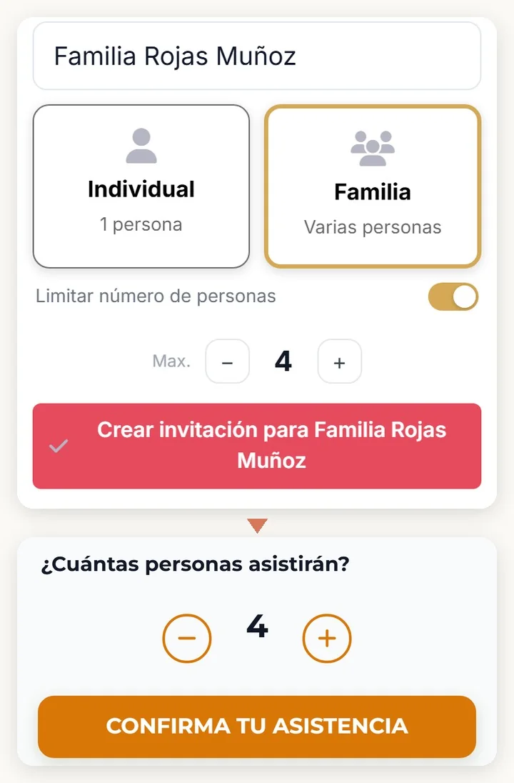 Arriba, la invitación de la familia Rojas Muñoz para varias personas con el tope en cuatro. Abajo, el formulario que ven al abrirla, con el contador parado en cuatro