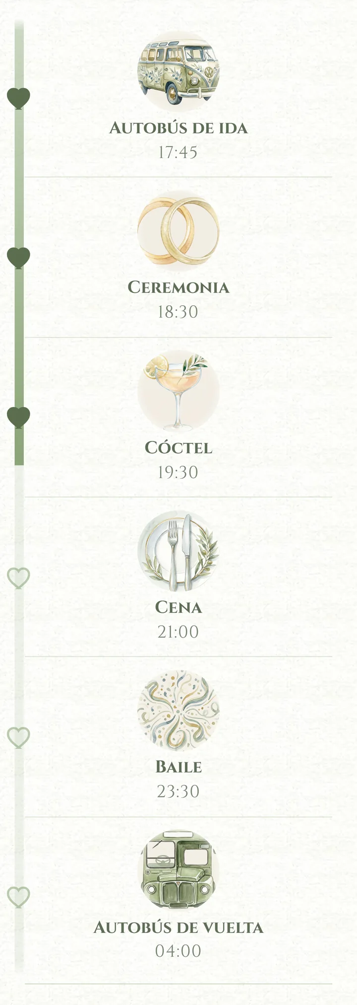 El itinerario entero en la invitación, con un dibujo para cada momento: una furgoneta para el autobús de ida, los anillos, la copa del cóctel, el plato de la cena, el confeti del baile y el autobús de vuelta