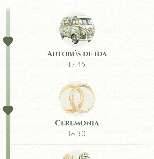 Dos momentos del itinerario dibujado: el autobús de ida con una furgoneta y la ceremonia con dos anillos, cada uno con su hora
