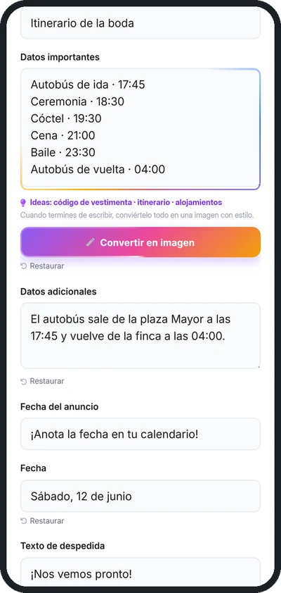 El itinerario en el editor del móvil: un momento por línea con su hora y, debajo, el botón Convertir en imagen