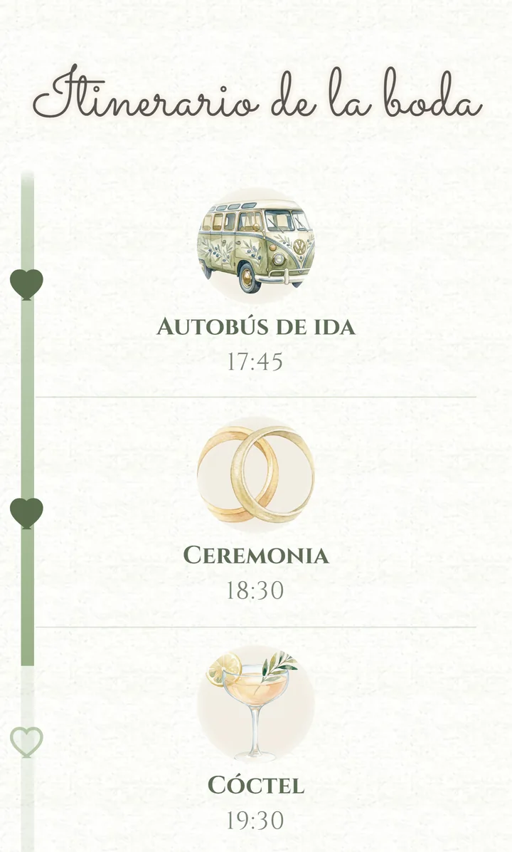 El itinerario de la boda en la invitación digital: el autobús de ida, la ceremonia y el cóctel, cada momento con su dibujo y su hora, y los corazones encendidos hasta la ceremonia