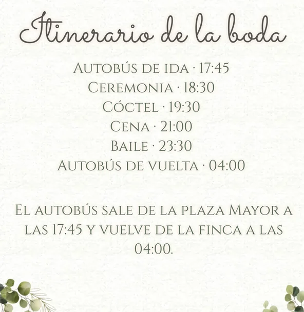El mismo itinerario en texto, un momento por línea con su hora, debajo del título Itinerario de la boda